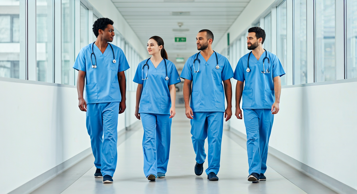 diverse team of four healthcare professionals in scrubs walking down a bright hospital corridor