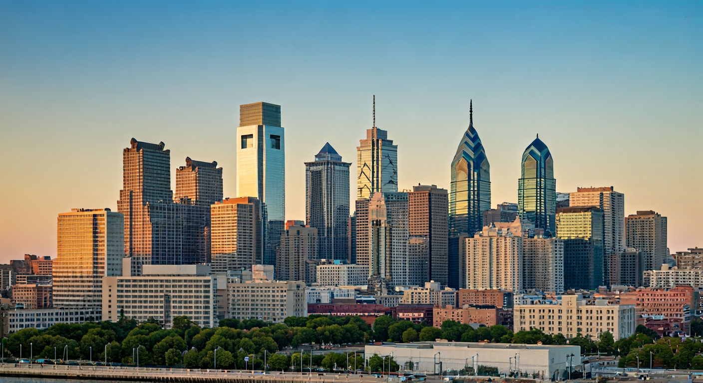 Philadelphia city skyline at golden hour, Liberty Place and One Liberty in the foreground, clear sky