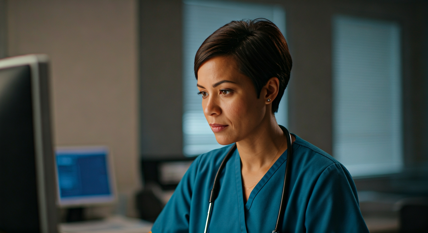 a nurse in her thirties at a hospital nursing station looking at a monitor, professional and focused, neutral light